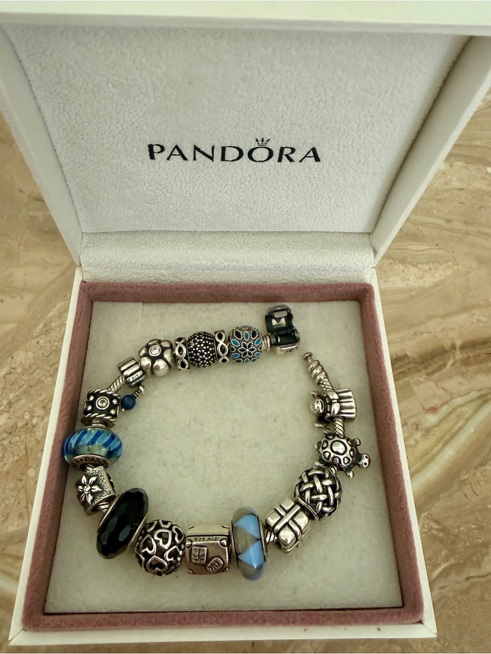 Pandora Silver Charm Bracelet with Blue and Black Accents